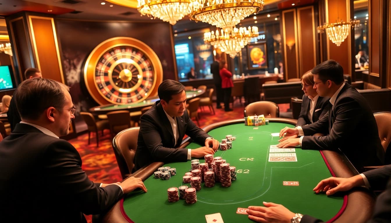 Experience the exciting atmosphere at luongsontv's online gaming table, filled with players and vibrant poker chips.