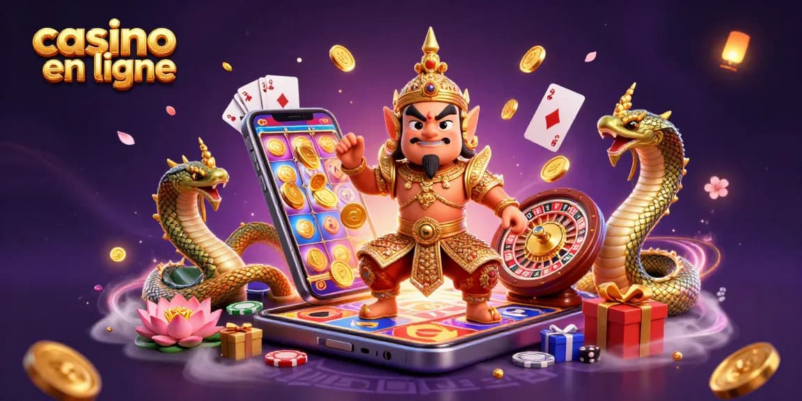 Explore les jeux de casino en ligne avec ce gardien thaïlandais et ses serpents Naga, tous entourés de jetons et de cartes.