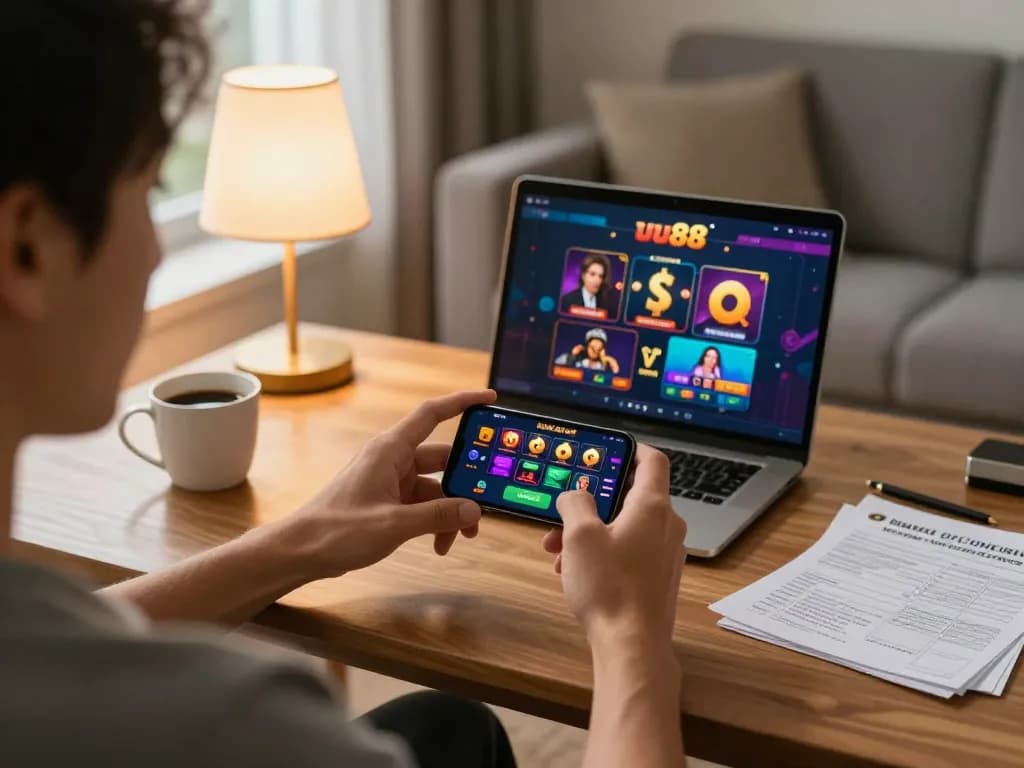Player engaging with the uu88 casino app on their smartphone in a cozy home setting, showing excitement and strategy.