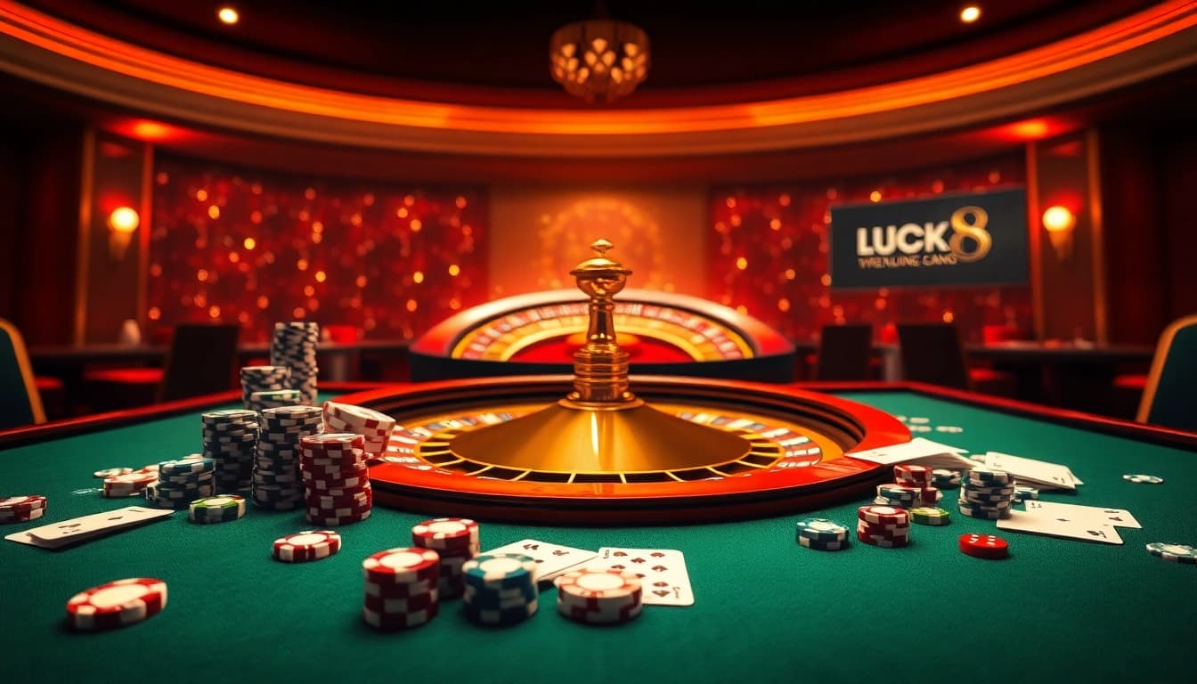 Experience the vibrant gaming action at LUCK8 with poker chips and roulette excitement.