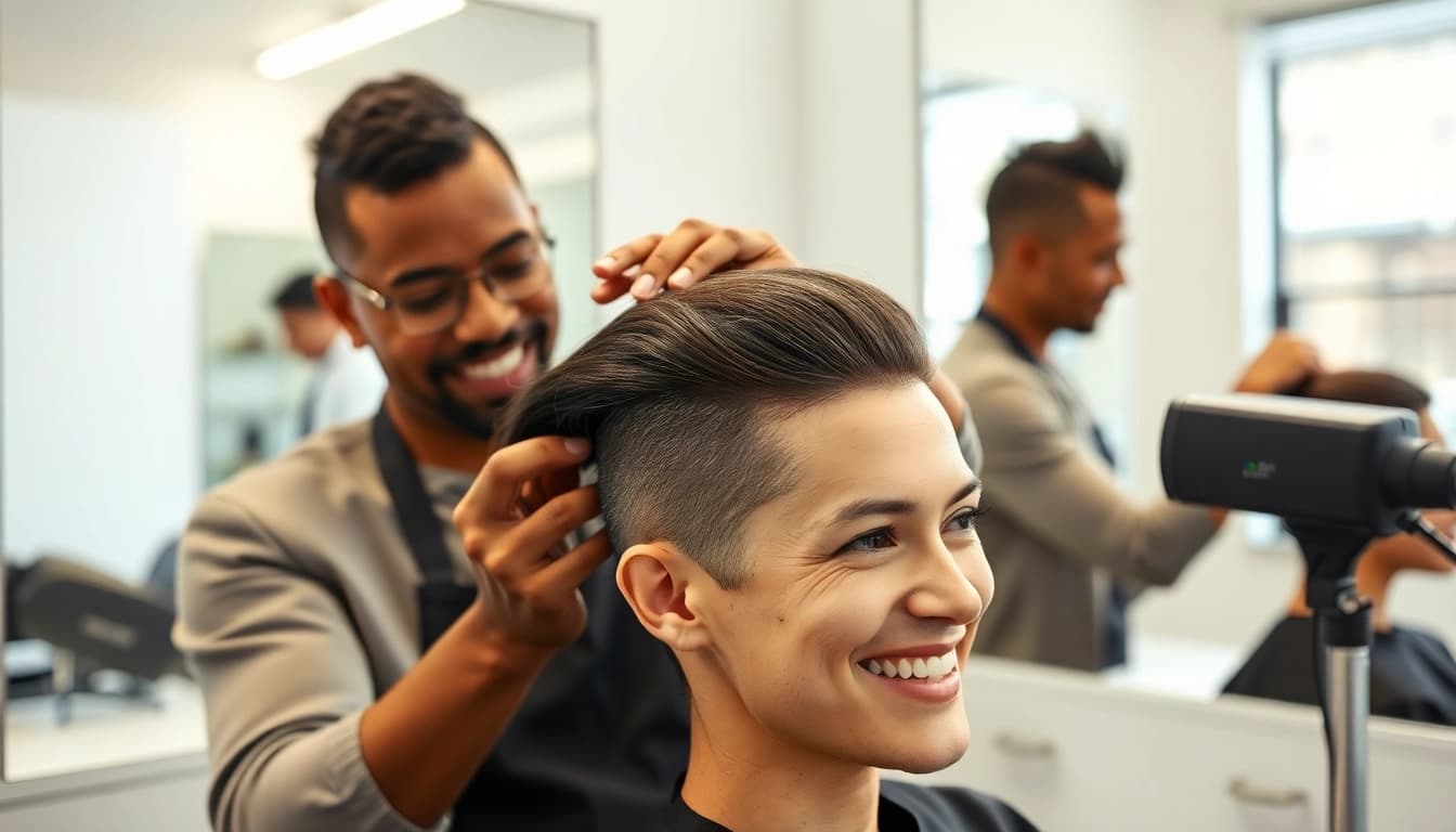 A hairstylist at Ace of Fades 212 expertly applying a hair system for a client, showcasing confidence restoration.