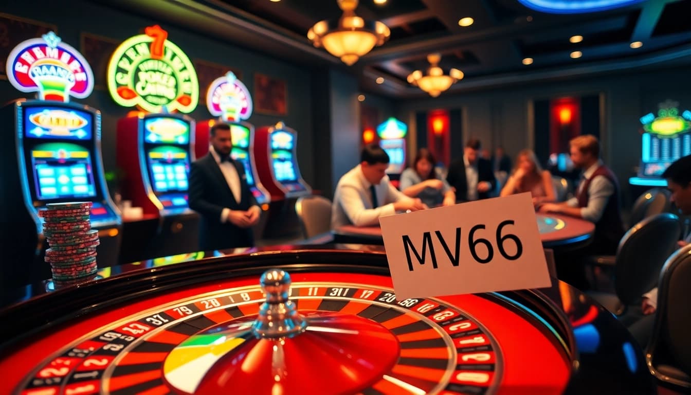 Casino scene showcasing players interacting with MV66 betting slips at a roulette table.