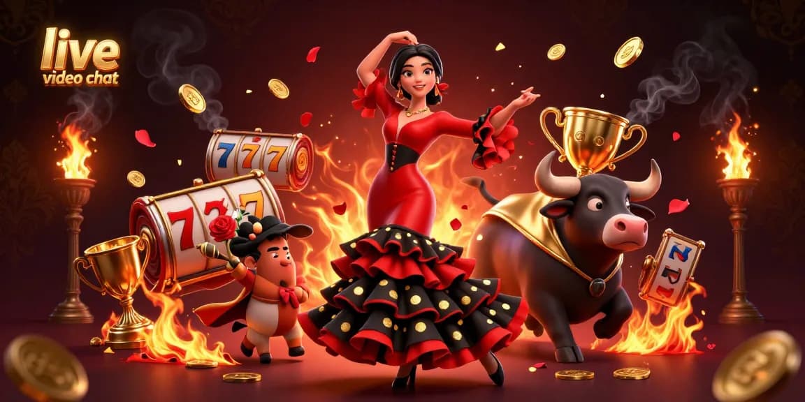 Experience vibrant live video chat with a flamenco dancer and a bull amidst casino excitement.