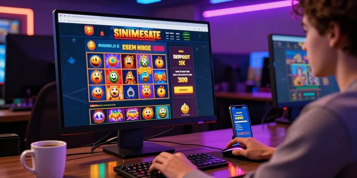 Excited user on a gaming setup exploring slot deposit 1k options on screen, showcasing vibrant interface and promotional banners.