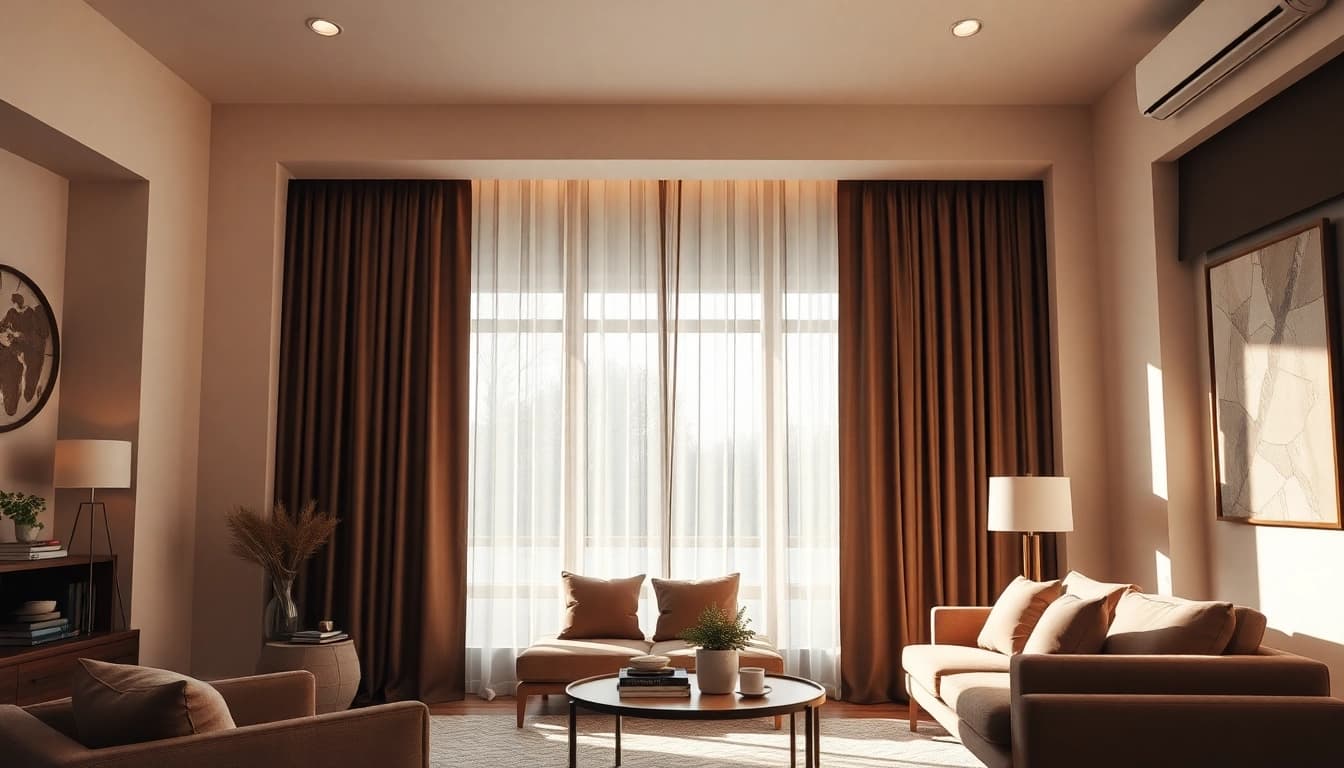 Verduisterende gordijnen blokkeren helder licht in een stijlvol ingericht woonkamer.