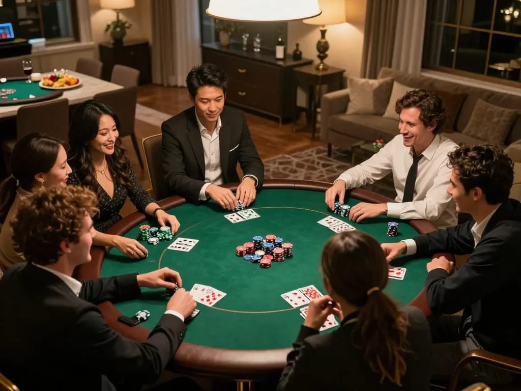 A group of friends enjoying a competitive poker night at home while playing on 678vip platform.