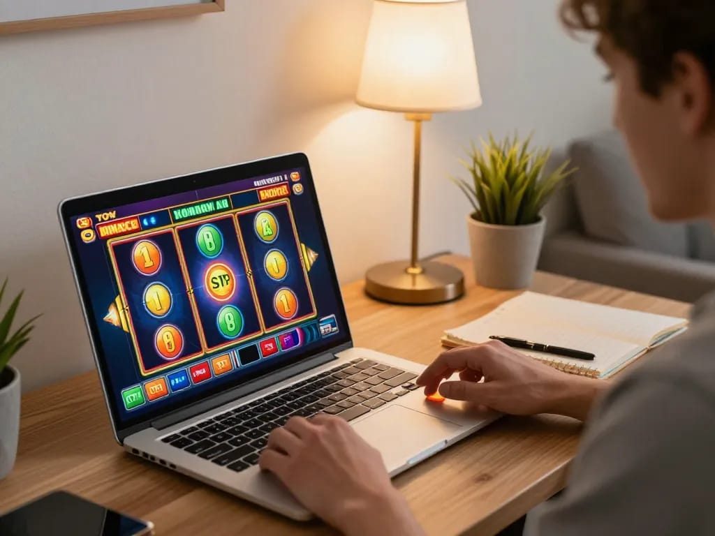MDG188 slo player spinning online slots displaying winning symbols in a cozy home office