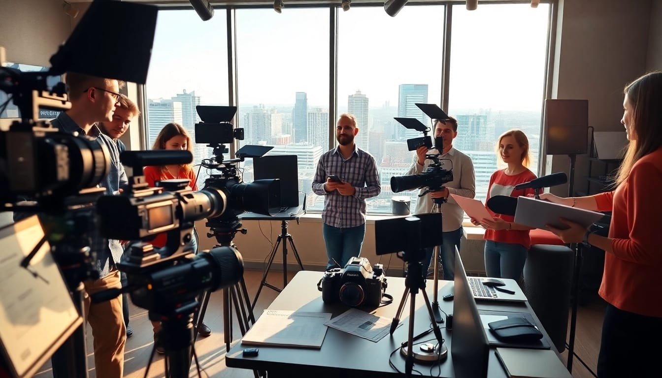Professional video production Edmonton team collaborating in a vibrant studio.