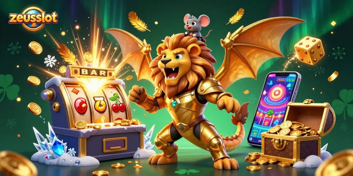 Experience zeusslot's thrilling jackpot with a golden chimera, exciting casino elements, and vibrant colors.