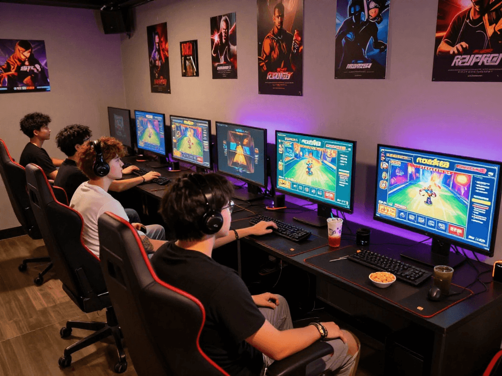 Exciting group gaming scene featuring rokok88 slot game on multiple screens, colorful LED lights, and snacks.