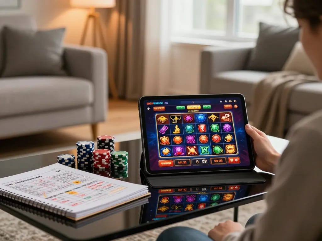 Engaged player using a tablet for online gambling at sites not on gamstop in a cozy home