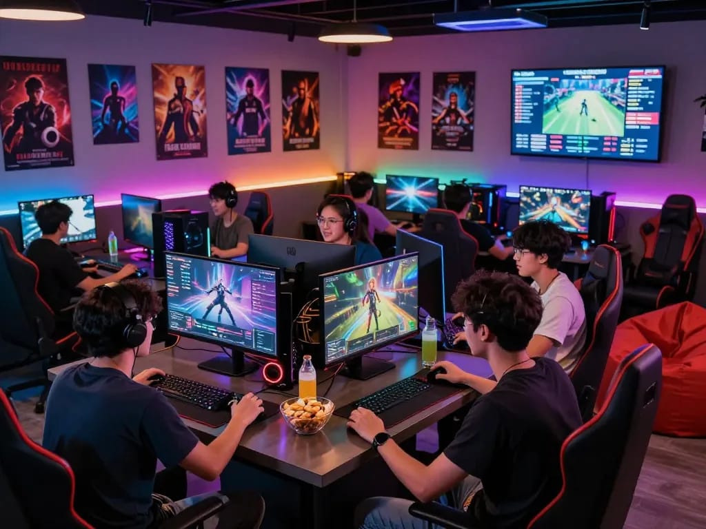 Players enjoying autowin88 gaming experience in a vibrant lounge with snacks and LED lights.