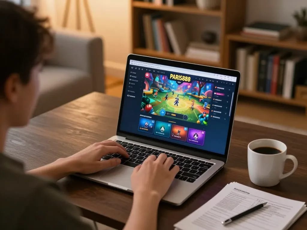 Enjoying a thrilling Paris888 gaming experience on a laptop in a cozy home setting