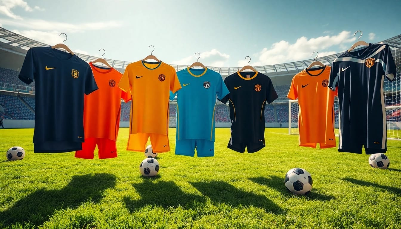 Showcase of cheap football kits arranged artistically on a soccer field, highlighting vibrant colors and designs.