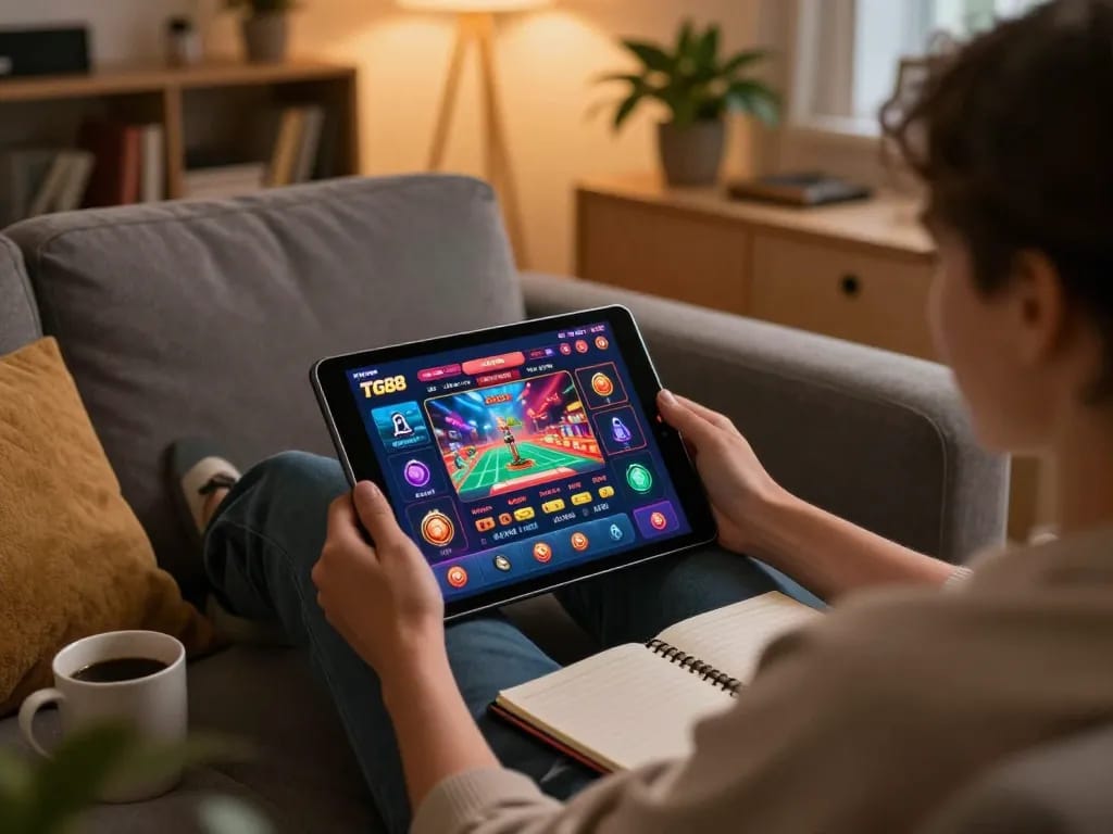 Engaged player using the TG88 app for online gambling in a cozy home environment