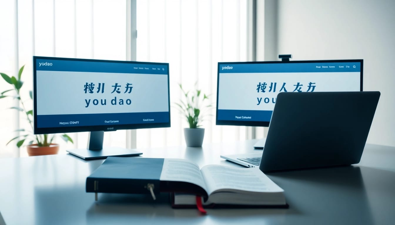 Showcase youdao翻译 in a modern workspace, emphasizing translation tools and learning.