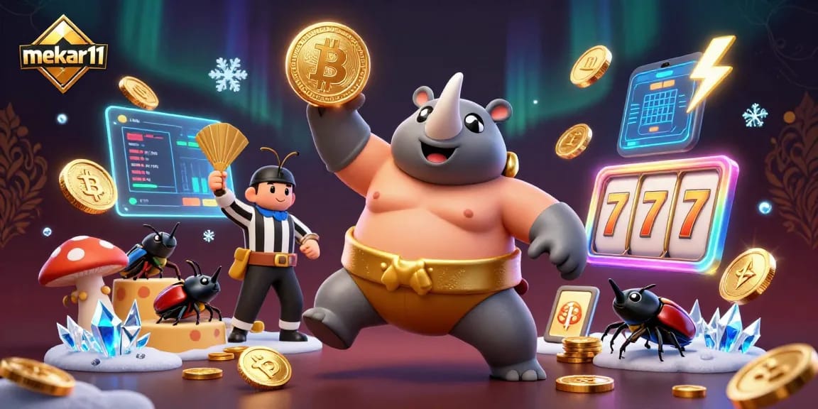 Engage with mekar11 as a thrilling casino scene featuring a sumo beetle champion surrounded by dynamic game elements.