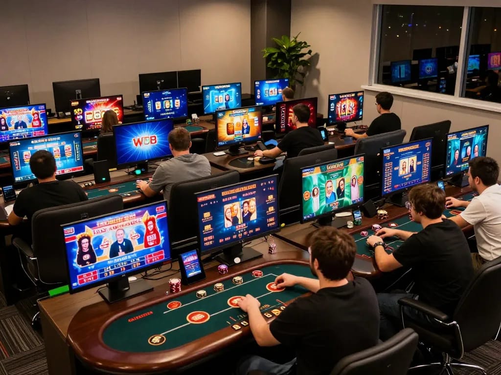 Engaging gaming experience at Trang Chủ W88 with users playing on various devices, showcasing online casino excitement