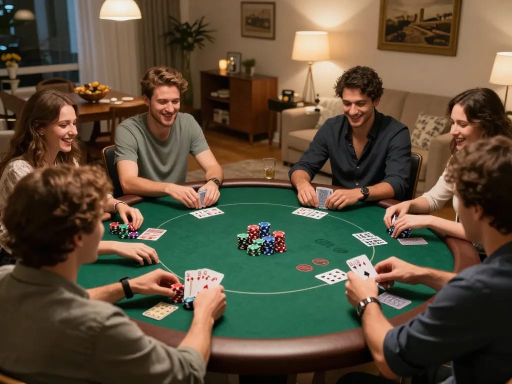 Players engaging in a thrilling poker night at home, experiencing fabet gameplay excitement.