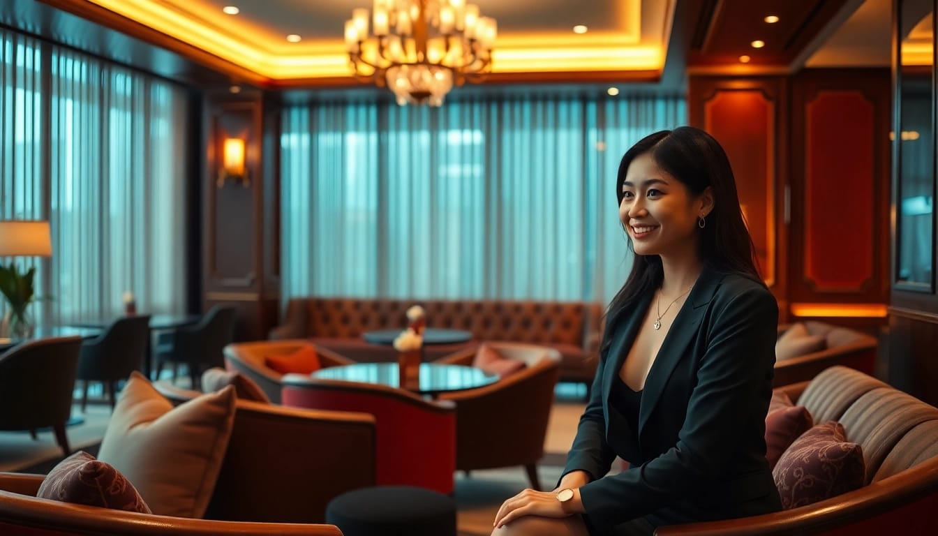 Singapore escort service showcasing an elegant lounge with a beautiful Asian escort and warm ambiance.