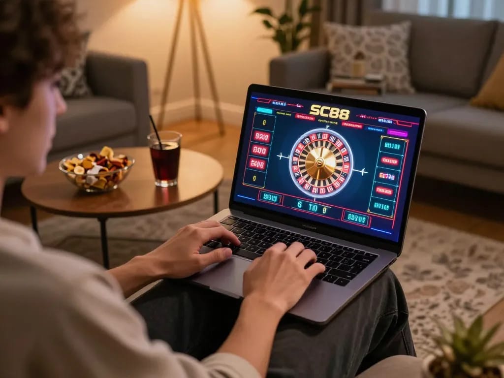 Engaging player at SC88 online casino, enjoying a roulette game on laptop in a cozy setting.