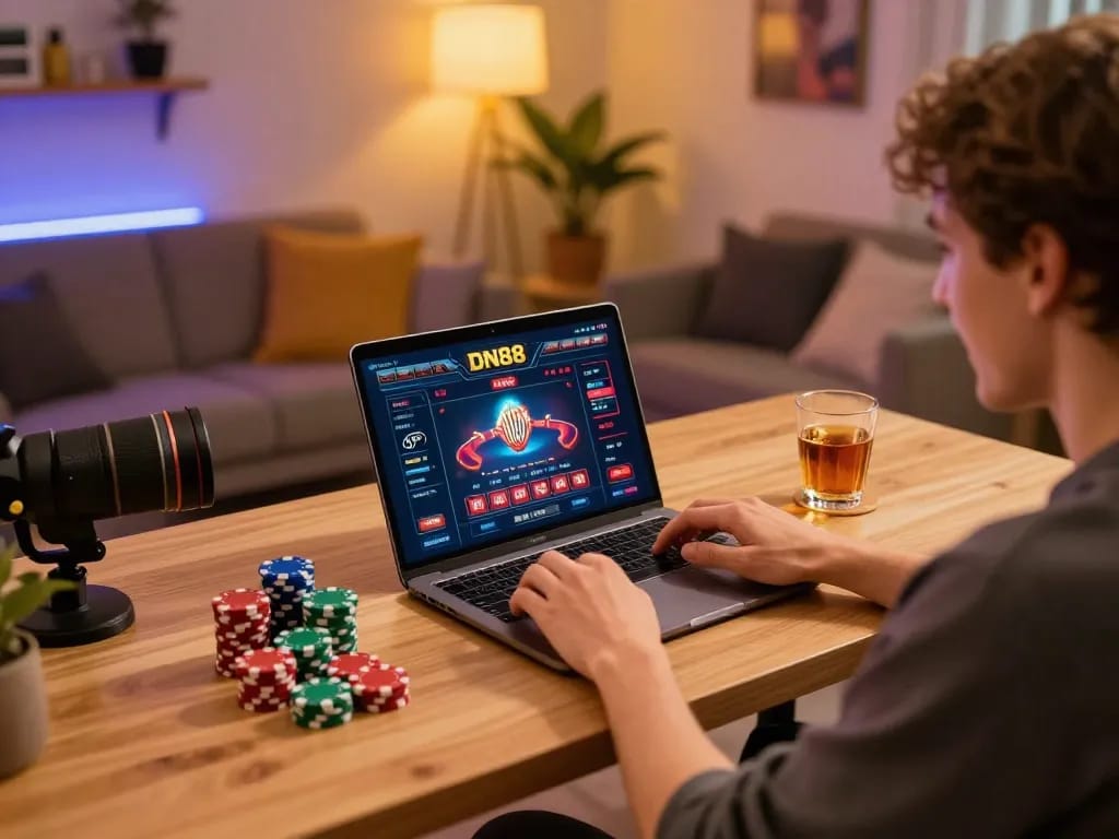 Engaged user experiencing thrilling DN88 gameplay on laptop at stylish home office.