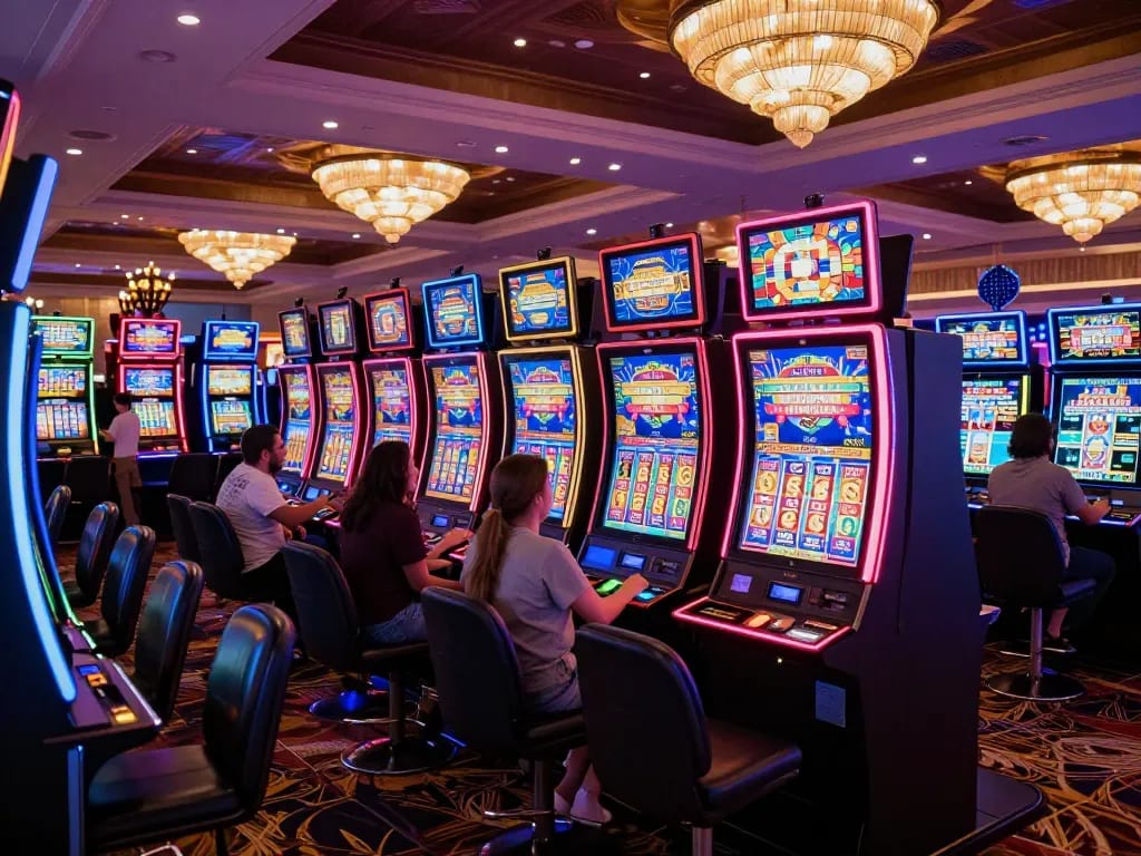 Players engaging with giường bệnh nhân-themed slot machines under neon lights in a vibrant casino atmosphere