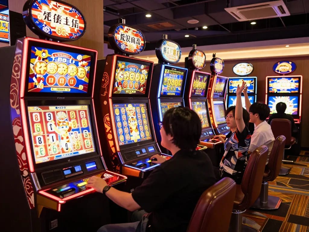 Players celebrate big wins at vibrant Jepang slot machines, showcasing excitement and entertainment in a colorful casino.