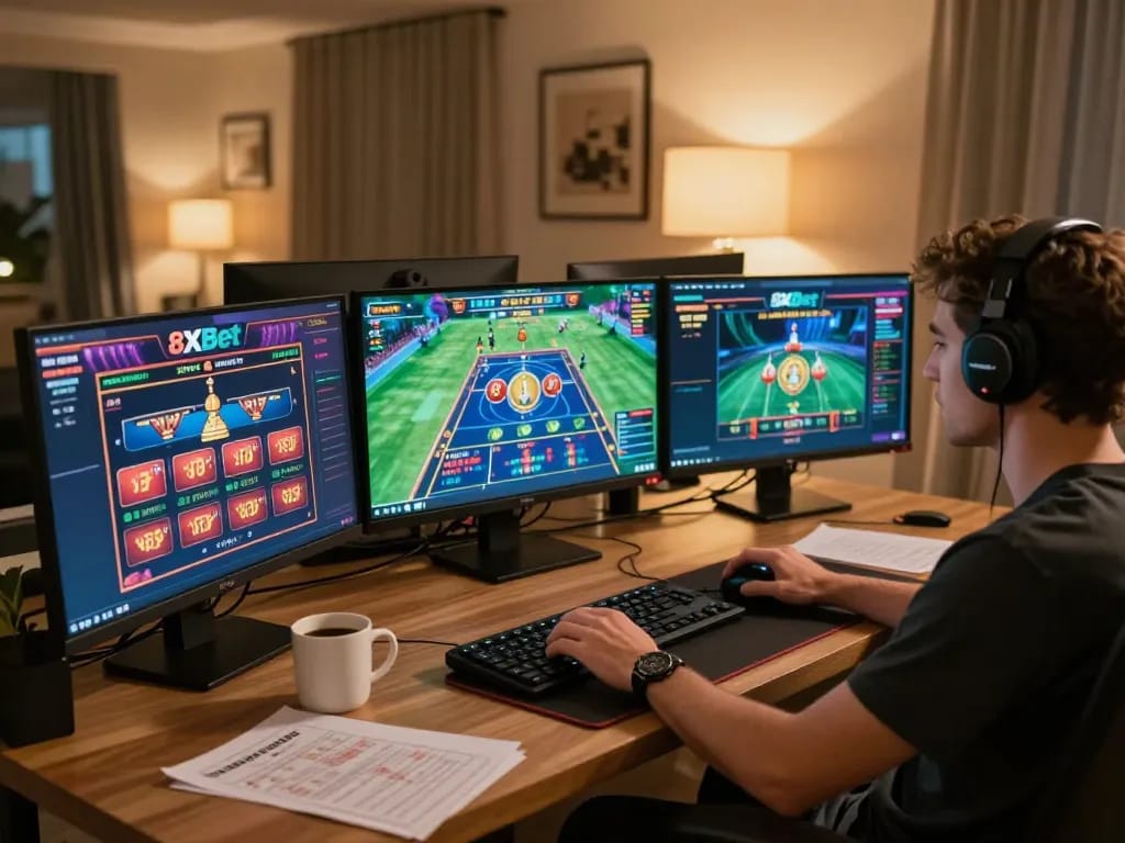 People engaging in online betting on 8xbet using multiple screens in a cozy gaming setup.