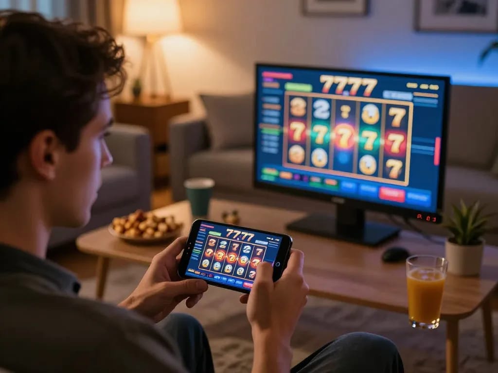 Engaging gameplay on slot777 app, showing intense focus and strategy in a cozy home setting.