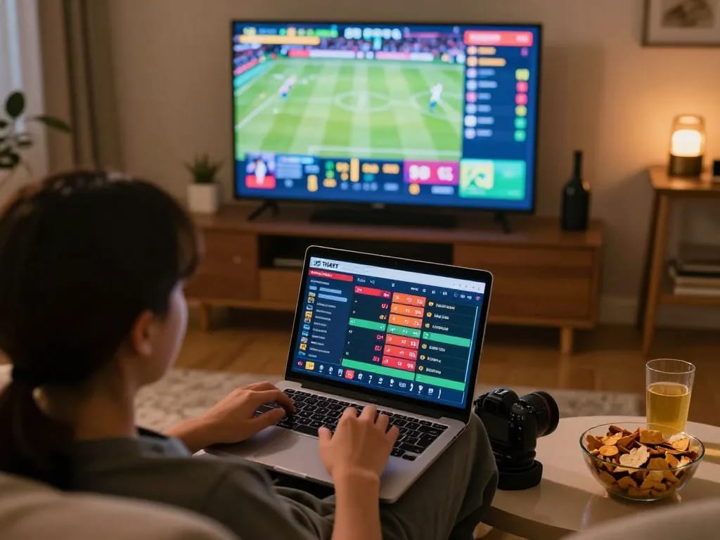 Engaging online betting scene featuring thabet live sports odds on laptop in a cozy home.