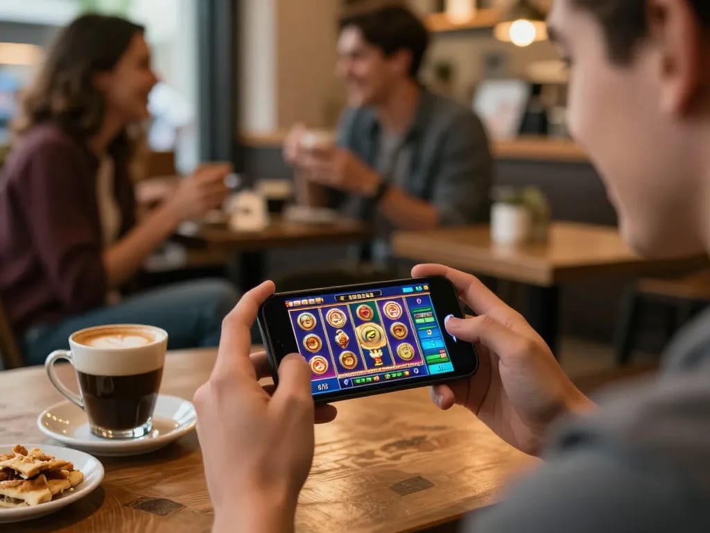 Person enjoying mobile gaming experience at Super 222 casino with engaging slot game interface.