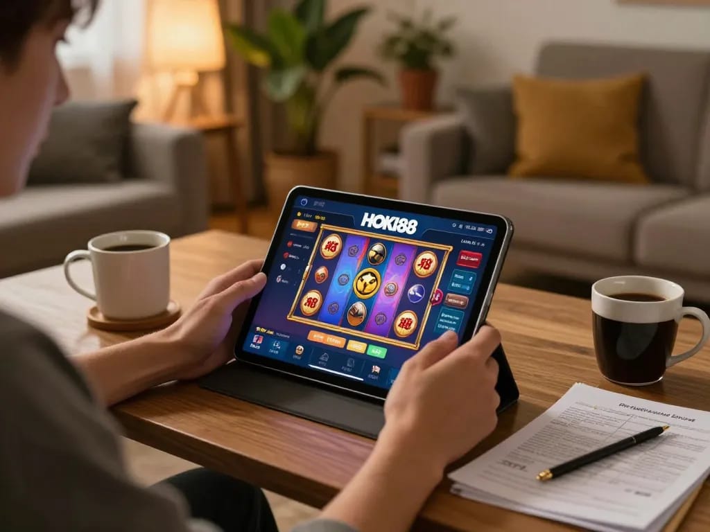 Pemain menang besar di permainan slot kasino online hoki88, menggambarkan kegembiraan di pengaturan permainan rumah.