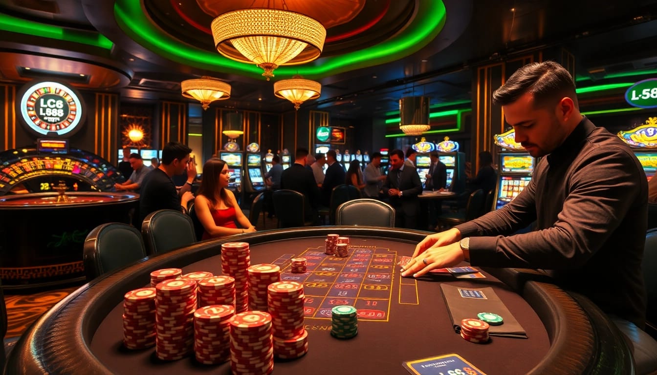 Witness the bustling excitement at an LC 88 casino table, where players engage with vibrant poker chips and cards.