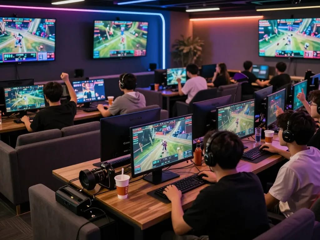 Fans engage in esports betting at OKWIN TV, enjoying a live match experience in a vibrant lounge setting
