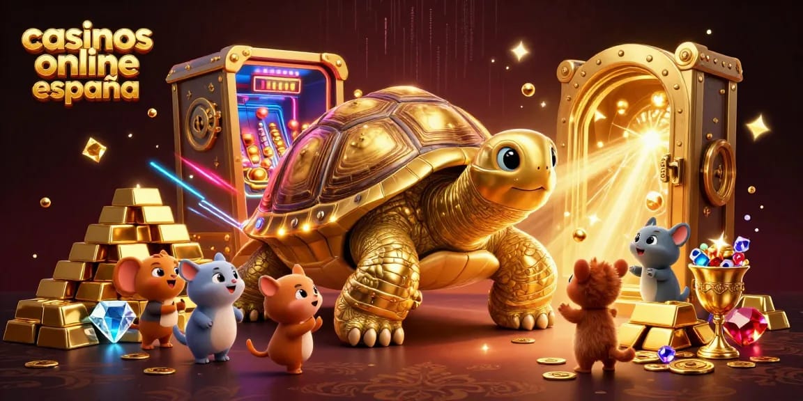 Disfruta de casinos online España con esta ilustración vibrante que presenta una tortuga de oro enorme como máquina de pinball.