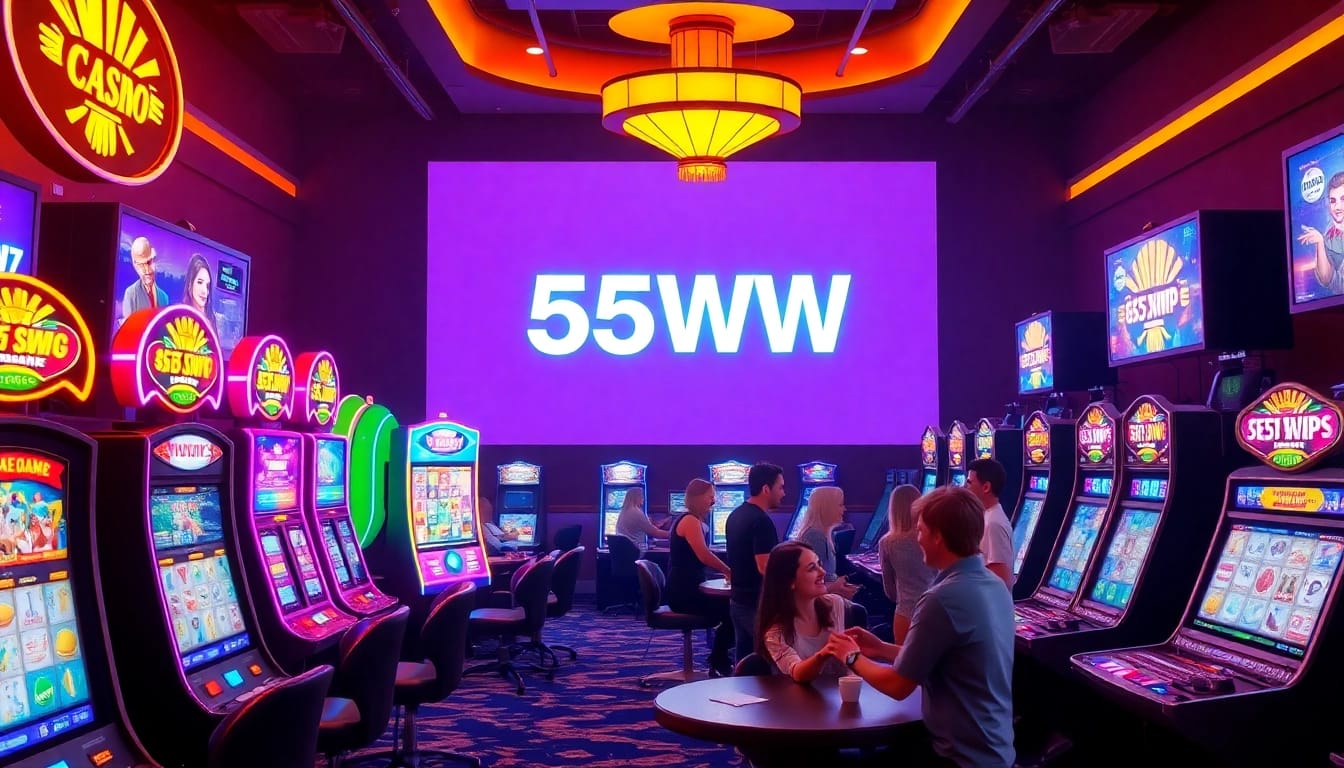 Exciting 55WW online casino scene with vibrant slot machines and players enjoying games.