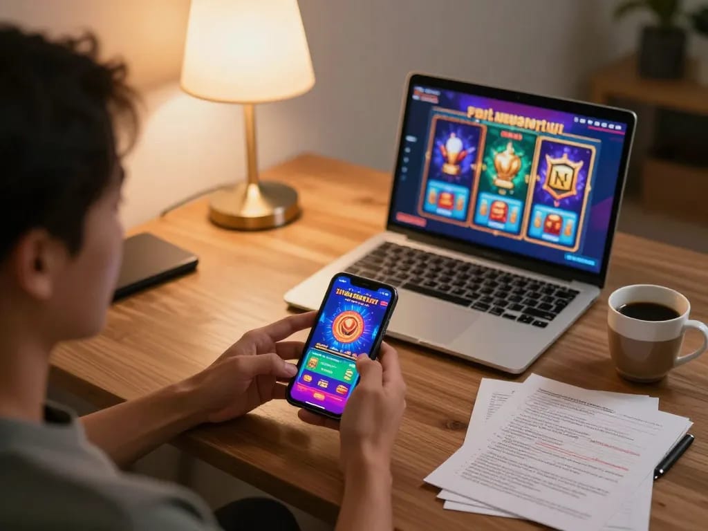 Sitting at home, player enjoys situs slot gacor on smartphone, surrounded by strategic notes and gaming setup.