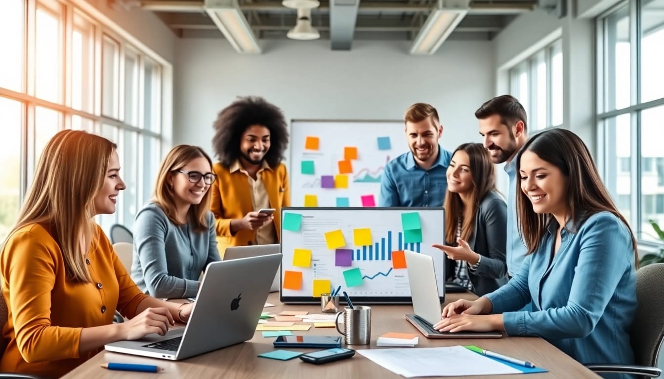 Dynamic teamwork among social media marketing companies edmonton professionals in a bright office.