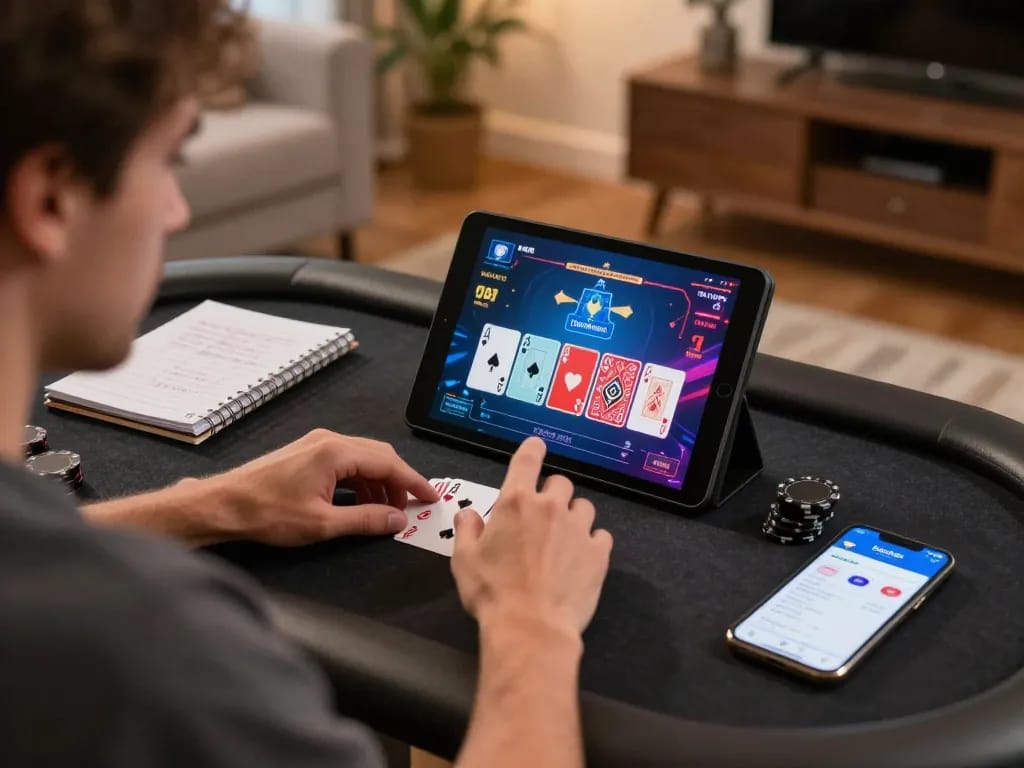 Engaged player strategizing in hitclub4 poker game on a tablet with notebook notes.