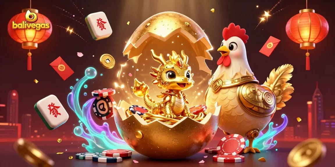 Bermain judi menarik di balivegas dengan naga emas murni di sarang chip poker.