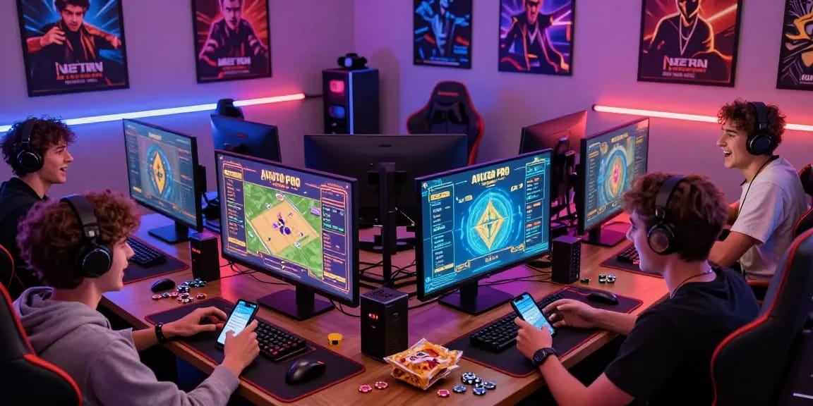 Excited friends playing Aviator Pro crash game with colorful monitors and snacks, in a lively game room.