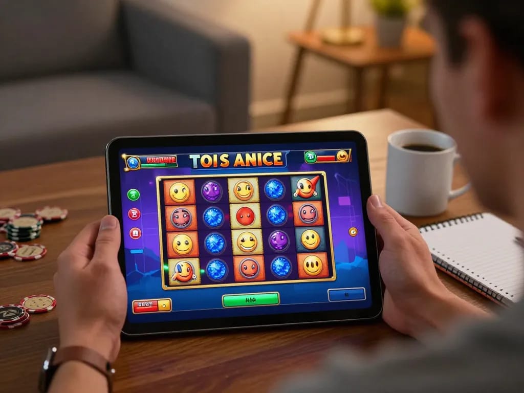Pemain Bintangmpo terlibat dengan permainan slot online yang cerah di tablet dalam suasana rumah yang nyaman
