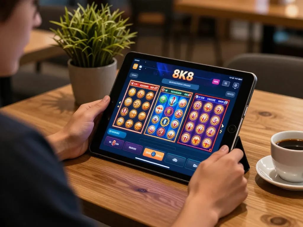 Player enjoying 8K8 casino app on tablet at café, showcasing colorful slot game action