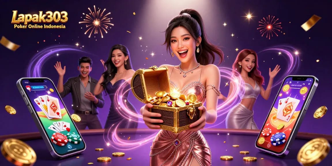 Experience thrilling poker action with Lapak303 Poker Online Indonesia in vibrant digital art with dazzling treasures.