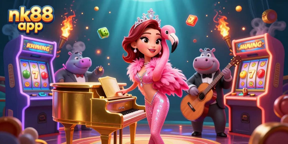 Engage with the exciting nk88 app through a vibrant 3D casino illustration featuring lively characters and arcade elements.