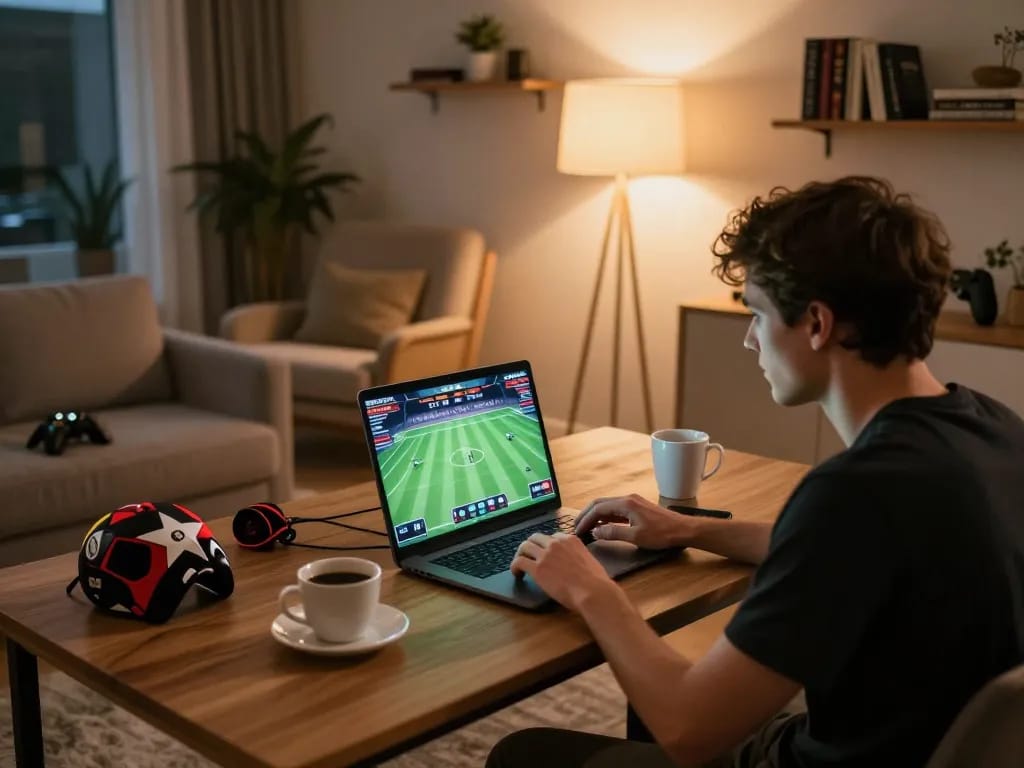 Experience thrilling online betting with okwintv in a cozy home setup, blending strategy and excitement.