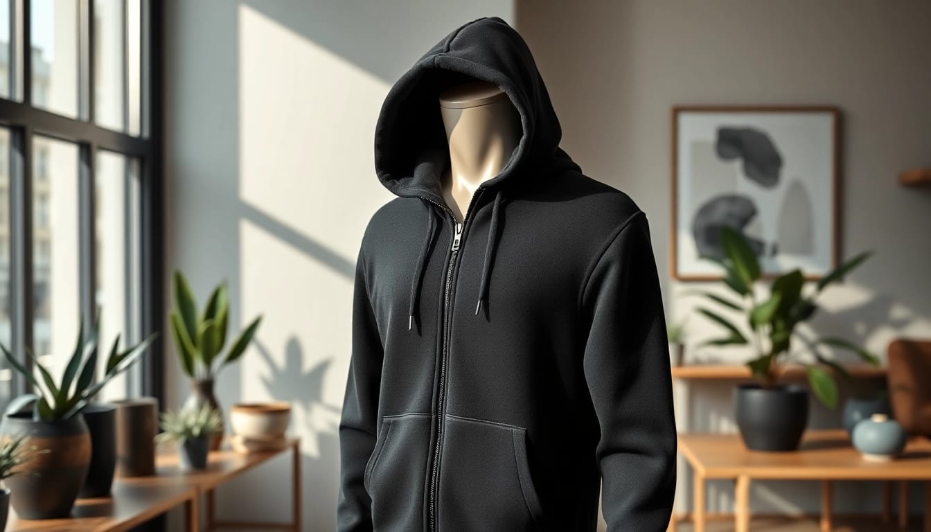 A trendy black zip up hoodie showcased elegantly on a mannequin in a modern boutique setting.