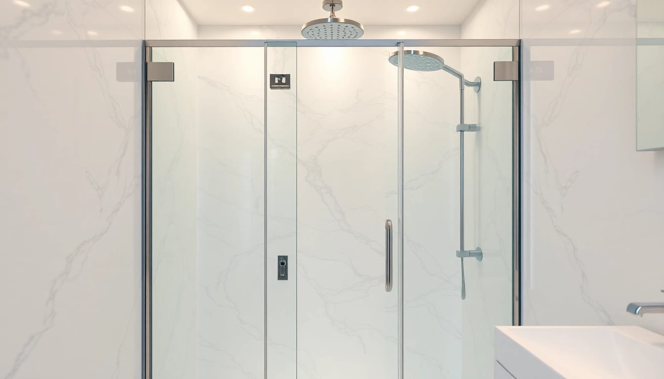 Admire the sleek design of a sirhona cabine de douche with chrome fixtures and glass enclosure.