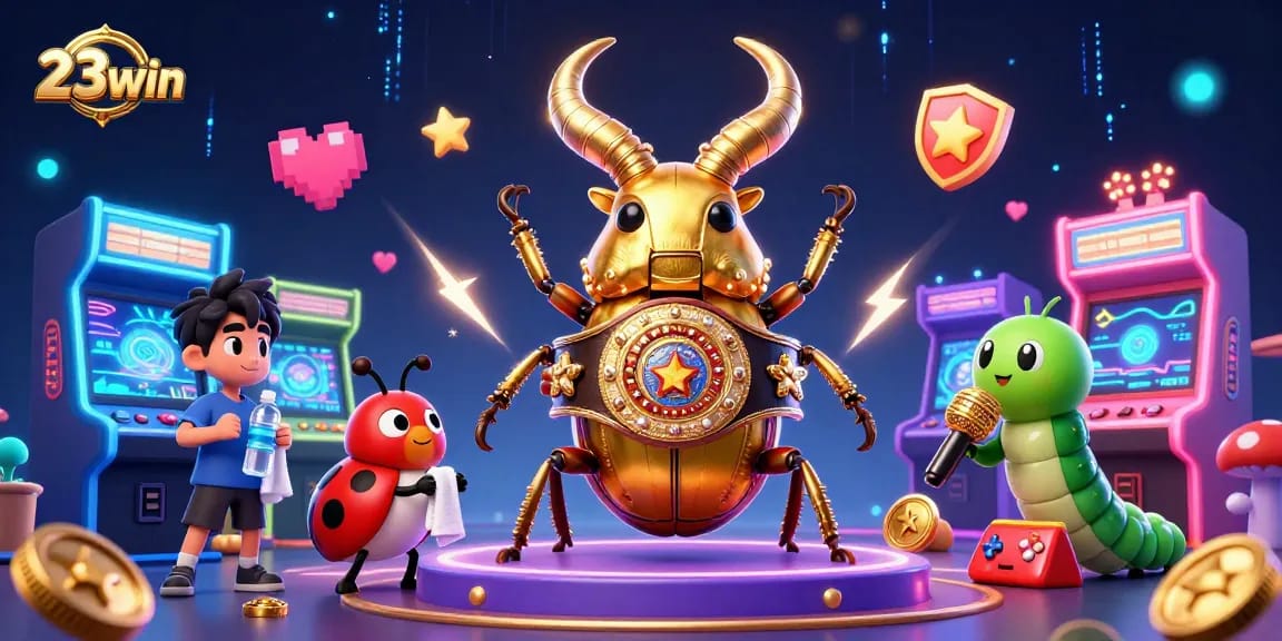 Play exciting games at 23win, showcasing a lively 3D casino scene filled with colorful gaming elements.